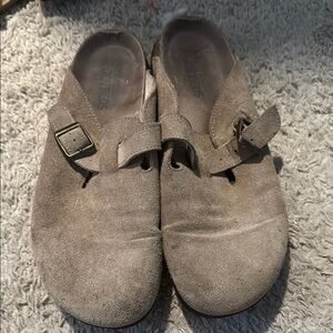 Taupe Suede Buckle Clogs